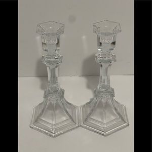 Vintage Deplomb Lead Crystal Clear Glass Pillar Candle Holders set of 2